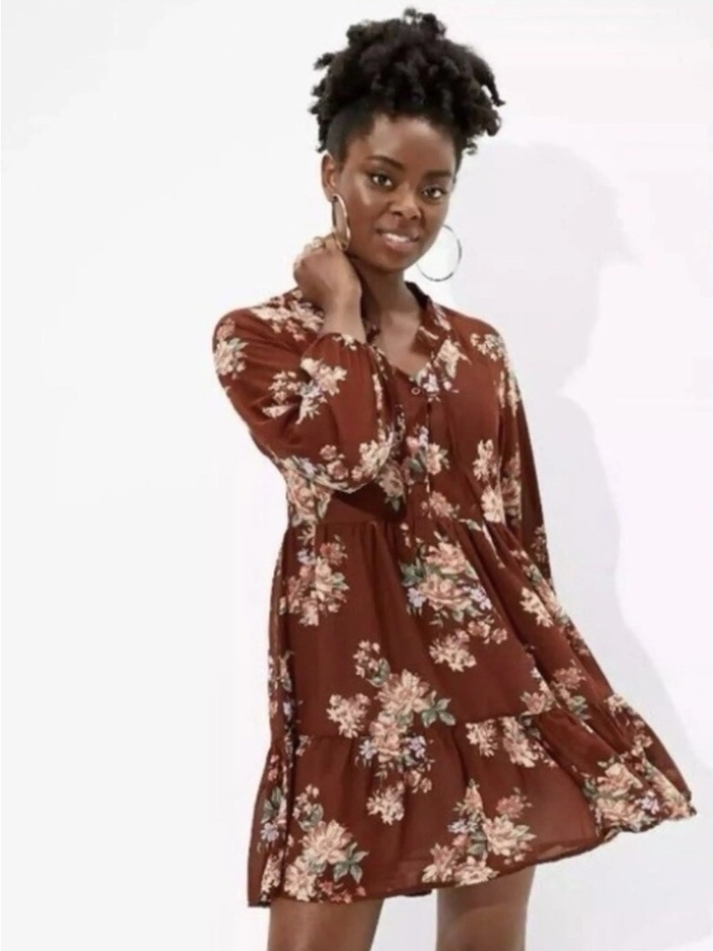 Women’s Floral Flowy Ruffle Babydoll Dress Brown Puff Sleeve Size XS Boho